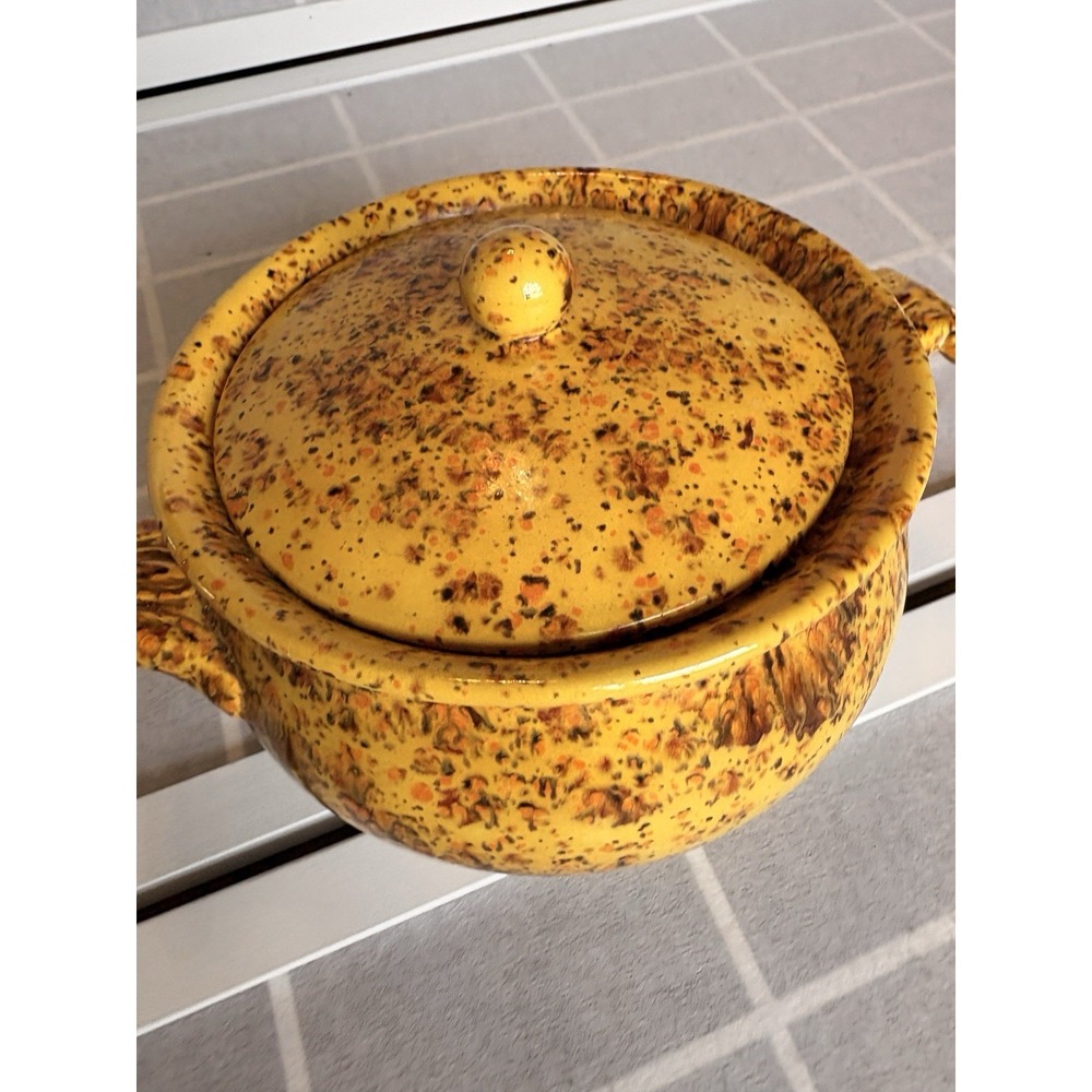 Vtg 70s Yellow Splatter Drip Glaze Ceramic Lidded Casserole Pot Tureen Signed'71